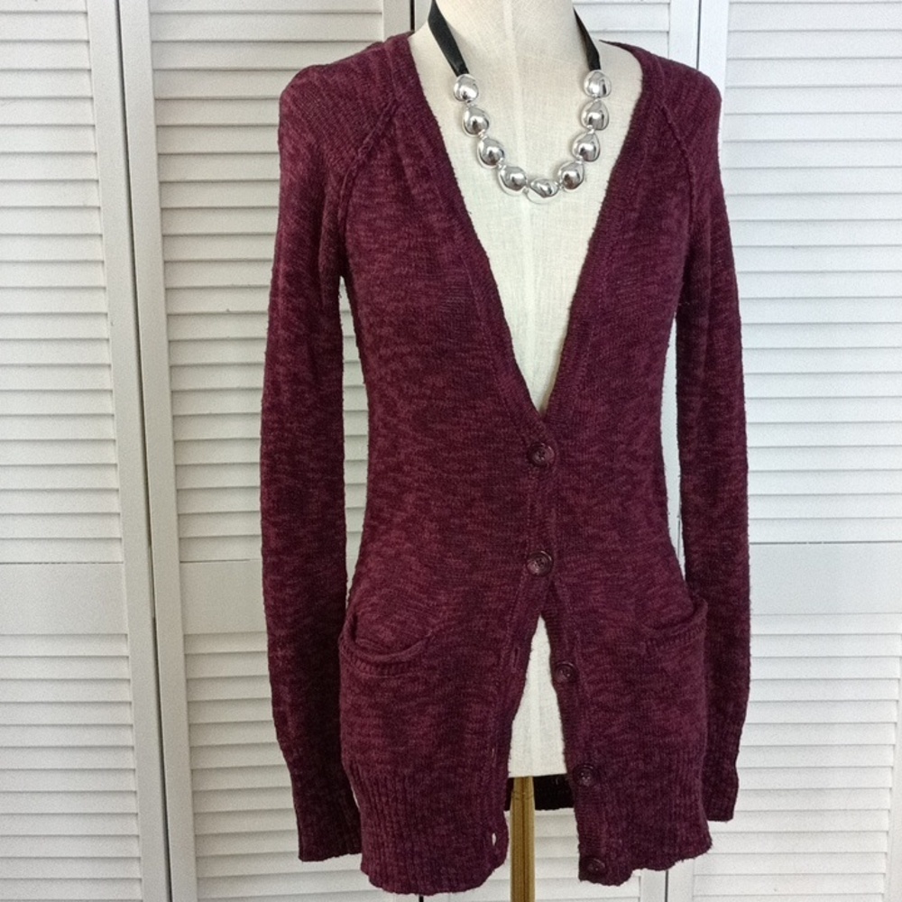 Maroon Knit Button Cardigan with Open Pockets